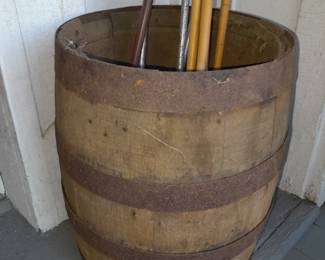 Antique Wooden Barrel W/ Wooden Golf Clubs