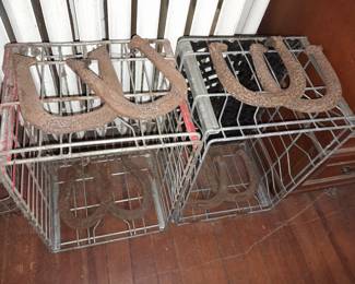 Antique Cast Iron Horseshoes & Metal Milk Crates