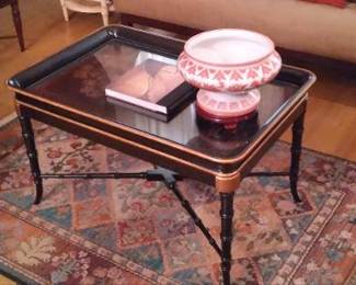 Tray top coffee table, black with gold trim 