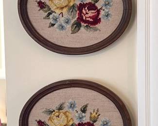 (2) Hand Crafted Floral Needlepoint with Oval Wooden Frames
