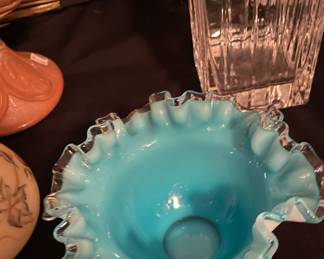 Vintage Fenton Victorian with Blue/Aqua Crest  Ruffled Edge 