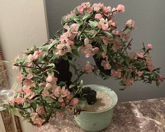 Vintage Large Chinese Jade Stone Glass Bonsai Tree Pink-Green