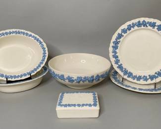 Partial Service Set Of Wedgwood Queensware Embossed Celadon On Cream
