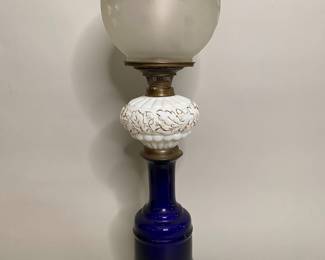 Cobalt Blue And White Pressed Glass Oil Lamp

