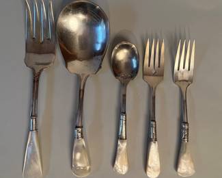 Faux Mother Of Pearl Handled Flatware And Serving Pieces With Sterling Silver Cuff And Silverplate Utensil
