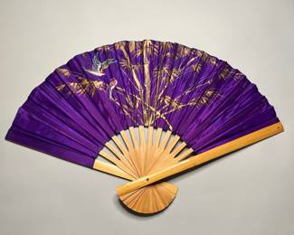 Purple Silk Painted Fan With Bird And Tree Decoration In A Bamboo Frame
