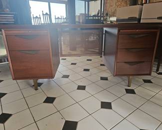 Mid-Century Desk with Cane Front and Brass Feet/Pulls 