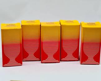 (5) Vintage Avon Sherbet Dessert Fragrance Candles in Original Boxes
Two pink Spiced Apple, two yellow Sunny Lemon, and one red Strawberry fragrance candle, all in glass stemware, 1980. Approximately 3 1/8" tall.