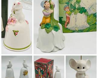 (6) Vintage Porcelain Bells incl. Avon 1983 Elf on Flower Good Luck Bell
These 1981-1984 bells feature doves, flowers, a mouse, a bunny, an elf, and several are by Avon with original boxes. Bunny & mouse have small chips, as shown. No damage found on the three dove Tapestry Collection bells or the elf flower bell.