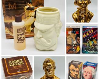 (3) Avon Aftershave FT Sports and Presidents Lincoln & Washington
Baseball legend Casey at the Bat Tankard & approximately 4 fluid ounces of Aftershave. President Lincoln & President Washington 6 fl oz Aftershaves in golden busts. All in original boxes. 

