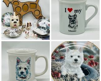 Schnauzer & West Highland Terrier Dogs Collection
Schnauzer & West Highland Terrier Dogs Collection includes Figurines, Salt & Pepper Shakers, three Mugs(two identical matching Westies, one Schnauzer), Decorative Plates with display stands, Miniature Schnauzers book by Beverly Pisano 1979, a Photo Frame, and more. One of the S&P shakers has a missing tail, shown.