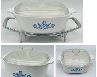 (3) Cornflower Blue PYREX Corningware with Lids & Chrome Casserole Trivet
One 3-Quart with lid stamped A9C 21. Two 1 1/2-Quart with lids stamped PYREX A-7-C 38 & PYREX A7C 13. One chrome atomic trivet stamped P-11-M-1. No chips or cracks found.