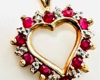 Vintage 10K Gold Sparkling Diamond & Ruby Heart Pendant