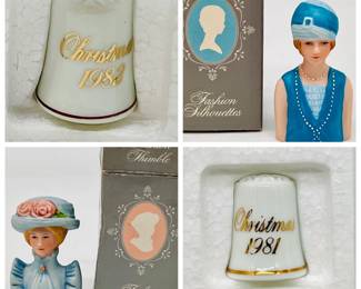 (4) Vintage Avon Porcelain Thimbles in Original Boxes
Four porcelain Avon thimbles dated between 1981, 1982 & 1983 in original boxes. No chips or cracks. No wear. They all look new.