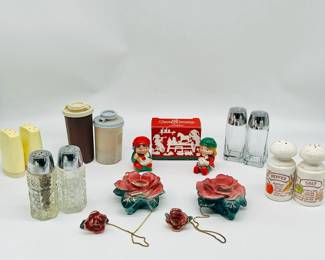 Vintage Salt & Pepper Shaker Collection and 1950's Rose Hugger Candlesticks