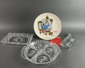 Lot 107 | Crystal Serving Pieces & Rockwell Plate