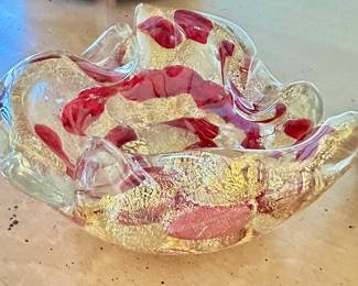 Italian Red and Gold Murano Glass Ashtray Bowl by Barovier and Toso ~ 1950’s