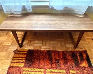 Mid Century Modern Long Dining Table, 1960's Ege Taepper Abstract Block Rug

