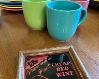 Set of 4 Multicolored Coffee Mugs, Decorative Sign "We Serve Only The Finest Cheap Red Wine"