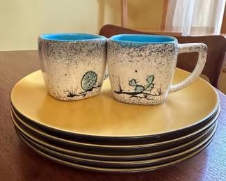 Pair of MCM Loma of Arizona Coffee Mugs, Set of 4 Mikasa Terra Stone "Curry Yellow" Dinner Plates - 7126