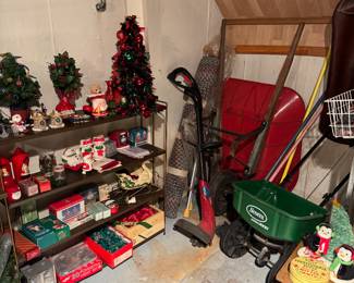 Metal shelf 
Vintage Christmas items
Wheel barrel 
Spreader