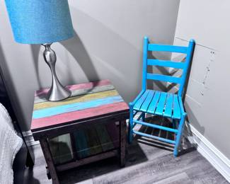 small nadeau type end table, small blue chair