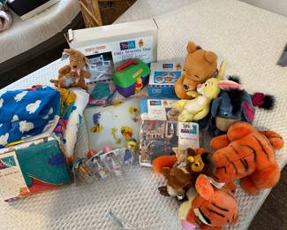 Winnie the  Pooh bedding, bottles, Lunch Box, Directors Chair, Stuffed Animals