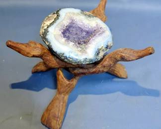 Polished Amethyst Geode, Approx 4" Dia, Hand Carved Wood Animal Tripod Stand