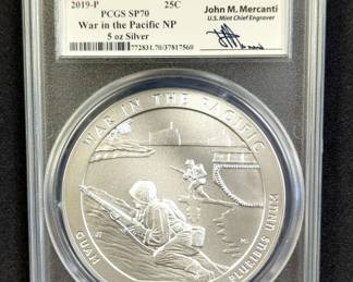 2019-P 5 Ounce .999 Fine Silver First Strike PCGS SP70 America The Beautiful War In The Pacific, With Quarter Image On Reverse