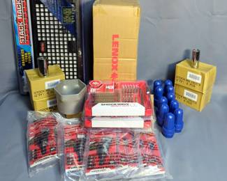 Milwaukee 42 Pc Impact Driver Bit Set, Model 48-32-4407, Qty 2, Milwaukee 6 Pc 30 Degree Knuckle Pivoting Bit Holder, Model 48-32-2300, Qty 12, Lenox High Tension Hacksaws, Model 4012, Qty 5, Clarke Magnetic Tool Rack, Model CTB205, Allen Industrial Tools 9 Pc 1/2" Drive Socket Set, Qty 6, Westward 1/2" Drive x 1 1/8" Deep Sockets, Qty 12, Westward 1/2" Drive x 24mm Deep Sockets, Qty 12, OTC 3/4" Drive x 3 7/8" Socket, And Brushtech Battery Terminal Brushes, Qty 10