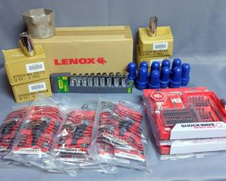 Milwaukee 42 Pc Impact Driver Bit Set, Model 48-32-4407, Qty 2, Milwaukee 6 Pc 30 Degree Knuckle Pivoting Bit Holder, Model 48-32-2300, Qty 12, Lenox High Tension Hacksaws, Model 4012, Qty 5, Allen Industrial Tools 9 Pc 1/2" Drive Socket Set, Qty 2, Westward 1/2" Drive x 1 1/8" Deep Sockets, Qty 12, Westward 1/2" Drive x 24mm Deep Sockets, Qty 12, OTC 3/4" Drive x 3 7/8" Socket, And Brushtech Battery Terminal Brushes, Qty 10