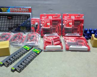 Milwaukee 42 Pc Impact Driver Bit Set, Model 48-32-4407, Qty 3, Milwaukee 25 Pc Impact Driver Bit Set, Model 48-32-4419, Milwaukee 6 Pc 30 Degree Knuckle Pivoting Bit Holder, Model 48-32-2300, Qty 12, Lenox High Tension Hacksaws, Model 4012, Qty 5, Clarke Magnetic Tool Rack, Model CTB205, Allen Industrial Tools 9 Pc 1/2" Drive Socket Set, Qty 2, Westward 1/2" Drive x 1 1/8" Deep Sockets, Qty 12 And Brushtech Battery Terminal Brushes, Qty 10