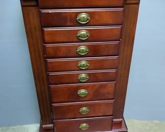 Wood Jewelry Armoire With 8 Drawers, Hinged Top With Mirror And Wing Doors, 41" x 18.5" x 15"