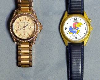 Vintage Sun Time Kansas Jayhawks Watch With Genuine Leather Band And Michael Kors Rose Gold Watch, Missing Some Stones