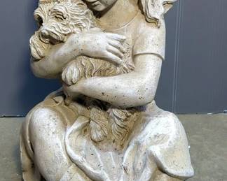 Cast Concrete Girl With Yorkie Statue, 17" Tall
