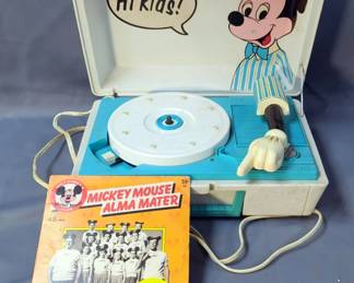 General Electronic Mickey Mouse 45 Record Player, Needs Repair, Missing Needle, And Mickey Mouse Club Alma Mater 45 RPM