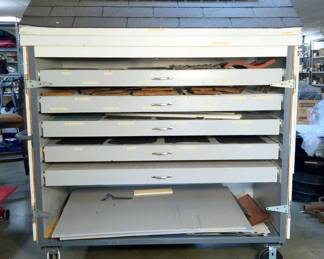 Metal Framed Rolling Display Cart With 5 Slide Out Drawers, Made To Look Like A Mini House, 73" x 69" x 32.5"