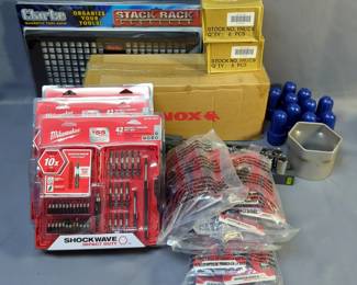 Milwaukee 42 Pc Impact Driver Bit Set, Model 48-32-4407, Qty 3, Milwaukee 6 Pc 30 Degree Knuckle Pivoting Bit Holder, Model 48-32-2300, Qty 12, Lenox High Tension Hacksaws, Model 4012, Qty 5, Clarke Magnetic Tool Rack, Model CTB205, Allen Industrial Tools 9 Pc 1/2" Drive Socket Set, Qty 2, Westward 1/2" Drive x 1 1/8" Deep Sockets, Qty 12, OTC 3/4" Drive x 3 7/8" Socket, And Brushtech Battery Terminal Brushes, Qty 10