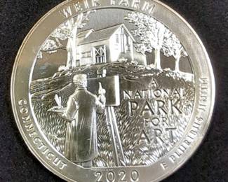 2020 5 Ounce .999 Fine Silver America The Beautiful Weir Farm, With Quarter Image On Reverse