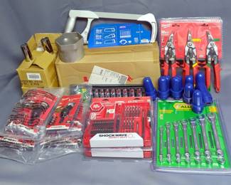 Milwaukee 42 Pc Impact Driver Bit Set, Model 48-32-4407, Qty 2, Milwaukee 3 Pc Aviation Snips Set, Model 48-22-4533, Qty 2, Milwaukee 6 Pc 30 Degree Knuckle Pivoting Bit Holder, Model 48-32-2300, Qty 12, Lenox High Tension Hacksaws, Model 4012, Qty 5, Allen Industrial Tools 14 Pc Combination Wrench Set, Model 66648G, Qty 2 And 9 Pc 1/2" Drive Socket Set, Qty 2, Westward 1/2" Drive x 1 1/8" Deep Sockets, Qty 12, Westward 1/2" Drive x 24mm Deep Sockets, Qty 12, OTC 3/4" Drive x 3 7/8" Socket, And Brushtech Battery Terminal Brushes, Qty 10