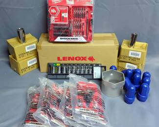 Milwaukee 42 Pc Impact Driver Bit Set, Model 48-32-4407, Qty 2, Milwaukee 6 Pc 30 Degree Knuckle Pivoting Bit Holder, Model 48-32-2300, Qty 12, Lenox High Tension Hacksaws, Model 4012, Qty 5, Allen Industrial Tools 9 Pc 1/2" Drive Socket Set, Qty 2, Westward 1/2" Drive x 1 1/8" Deep Sockets, Qty 12, Westward 1/2" Drive x 24mm Deep Sockets, Qty 12, OTC 3/4" Drive x 3 7/8" Socket, And Brushtech Battery Terminal Brushes, Qty 10