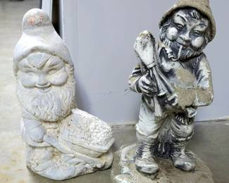 Concrete Garden Gnome Pushing Wheelbarrow 17" And Gnome Playing Bagpipes 22"