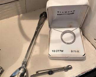 STERLING ICE TEA SPOON, NECKLACE WITH DIAMOND ROUND CIRCLE, AND BROOCH