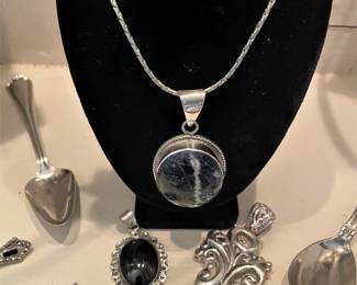 STERLING CHAIN WITH BLUE STONE PENDANT, BLACK STONE PENDANT AND CROSS PENDANT