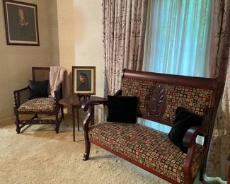 ANTIQUE SETTEE AND CAN BACK BARLEY TWIST ARM CHAIR