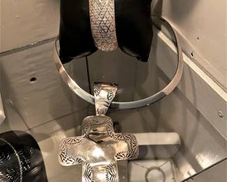 STERLING CHOKER NECKLACE WITH CROSS PENDANT AND WIDE STERLING BRACLET 