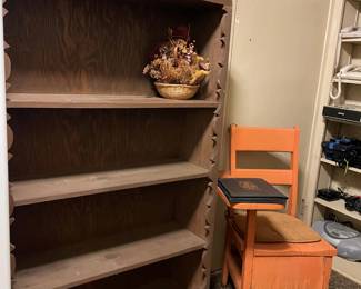 WOOD BOOK SHEL F AND VINTAGE SCHOOL DESK