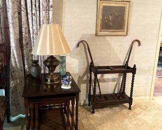 WICKER BOTTOM SET OF 3 STACK TABLES AND BARLEY TWIST UMBRELLA STAND