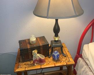 Nice heavy lamp, Wooden storage box, Pottery boy planter