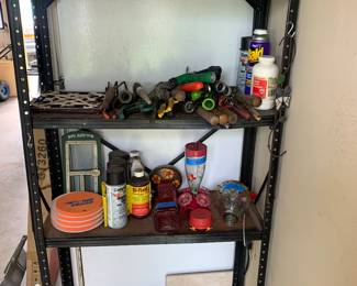 Garden tools, metal shelf, bug sprays
